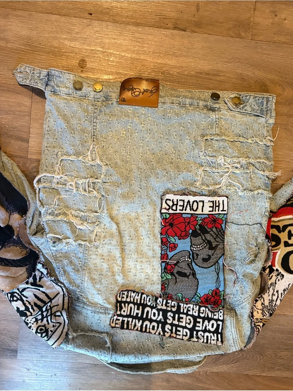 Free People Light Wash Distressed Denim Jacket with Embroidered Skull Patch - Picture 1 of 3